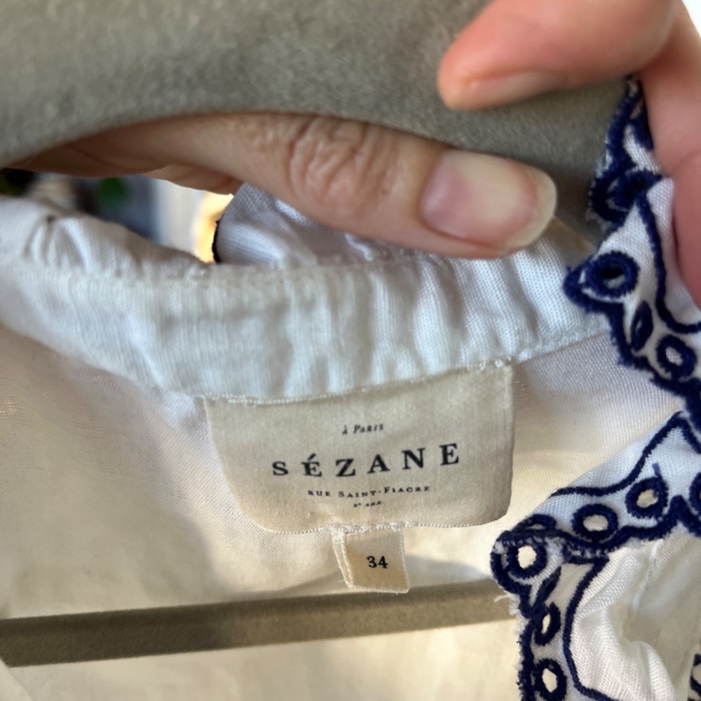 Sezane White Cotton Button-Up Blouse with Navy Embroidery - Picture 3 of 4
